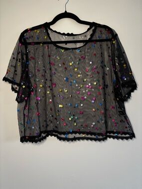 SHEIN Black Sheer Crop Top with Multicolor Sequin Dots